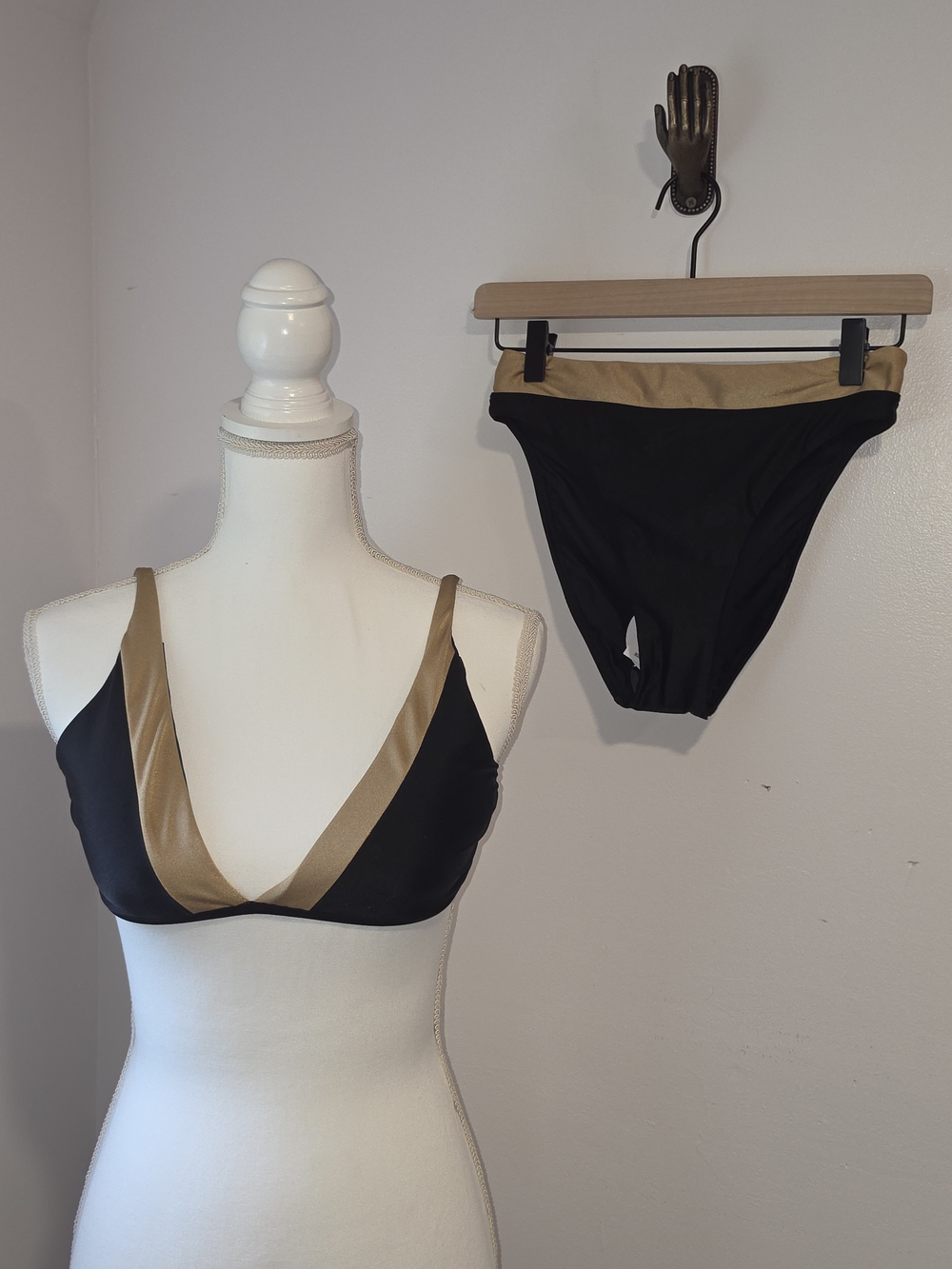 NWT PQ Swim Black and Gold Two-Piece Bikini Set Top SZ Small/ Bottom SZ Medium